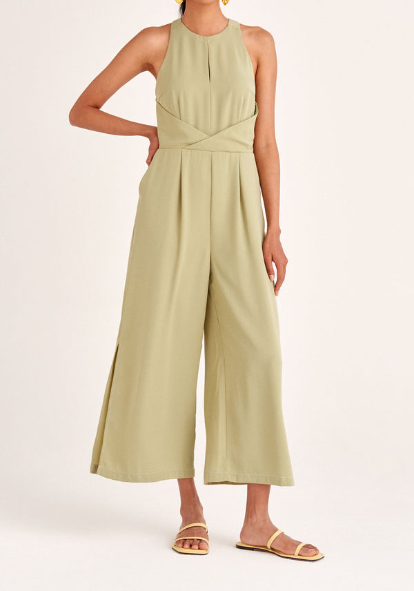 Paisie Detailed Waist Halterneck Jumpsuit in Light Green